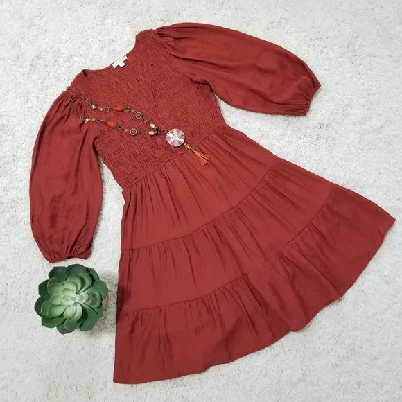 Dress. Smocked, Tiered. Paprika Color. Blu Pepper Brand. Size Medium. - Picture 8 of 10